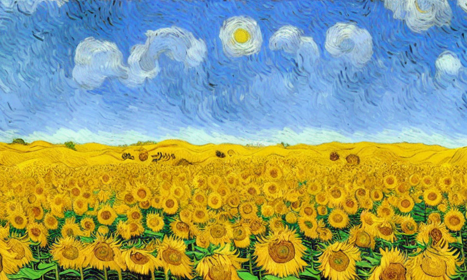 Sunflower Field Painting with Swirling Sky and Thick Brush Strokes