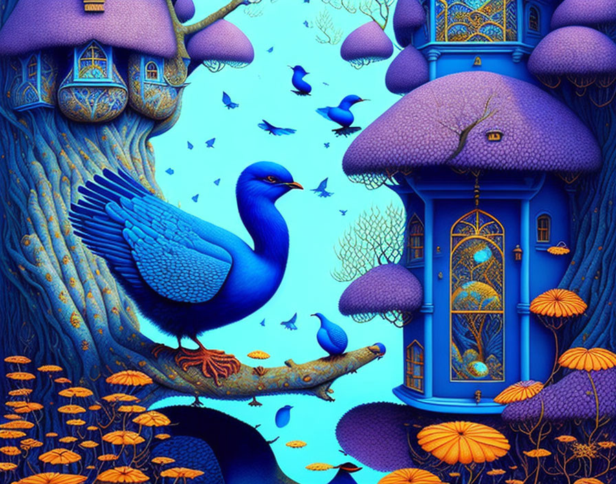 Colorful Artwork: Large Blue Bird on Branch Amid Fantastical Blue Environment