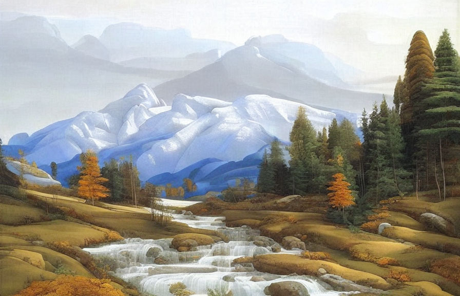 Snow-capped mountains, river waterfalls, autumn trees in serene landscape painting