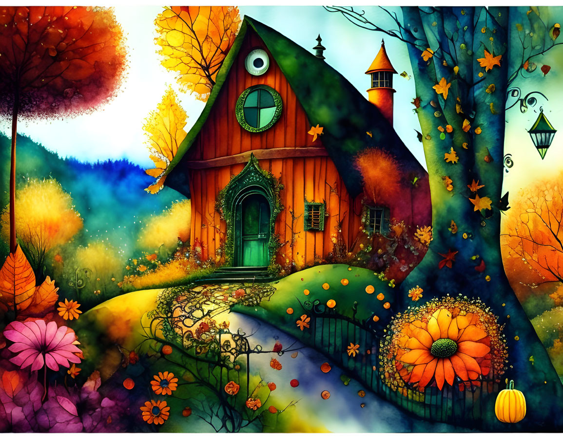 Illustration: Enchanting autumn cottage with vibrant surroundings