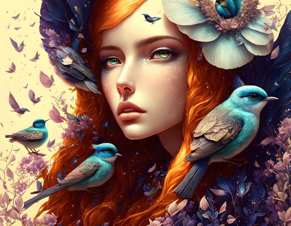 Fantasy illustration of woman with orange hair, blue birds, and floral elements