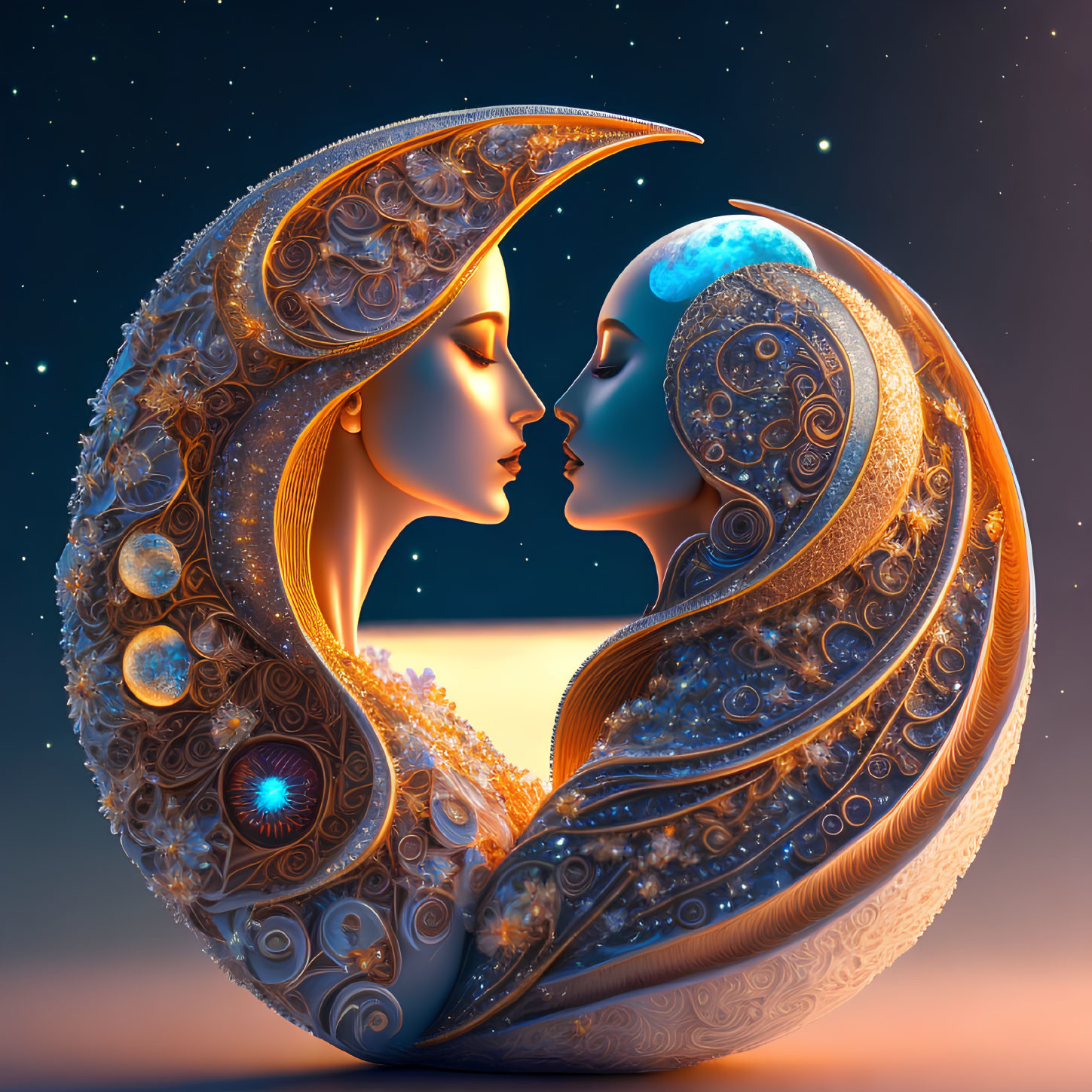 Intricately detailed digital artwork of two faces in profile against starry sky backdrop