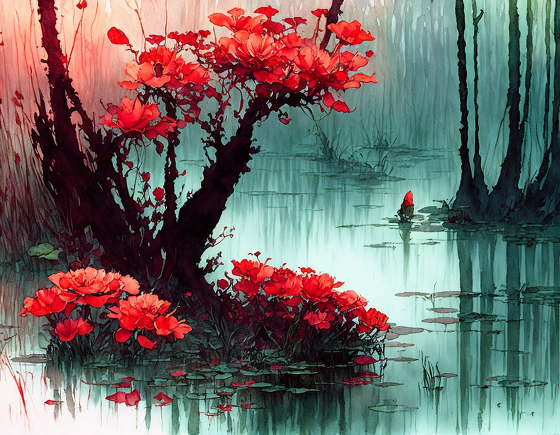 Vivid watercolor painting of crimson red flowers and dark branches over tranquil blue waters in a mystical forest