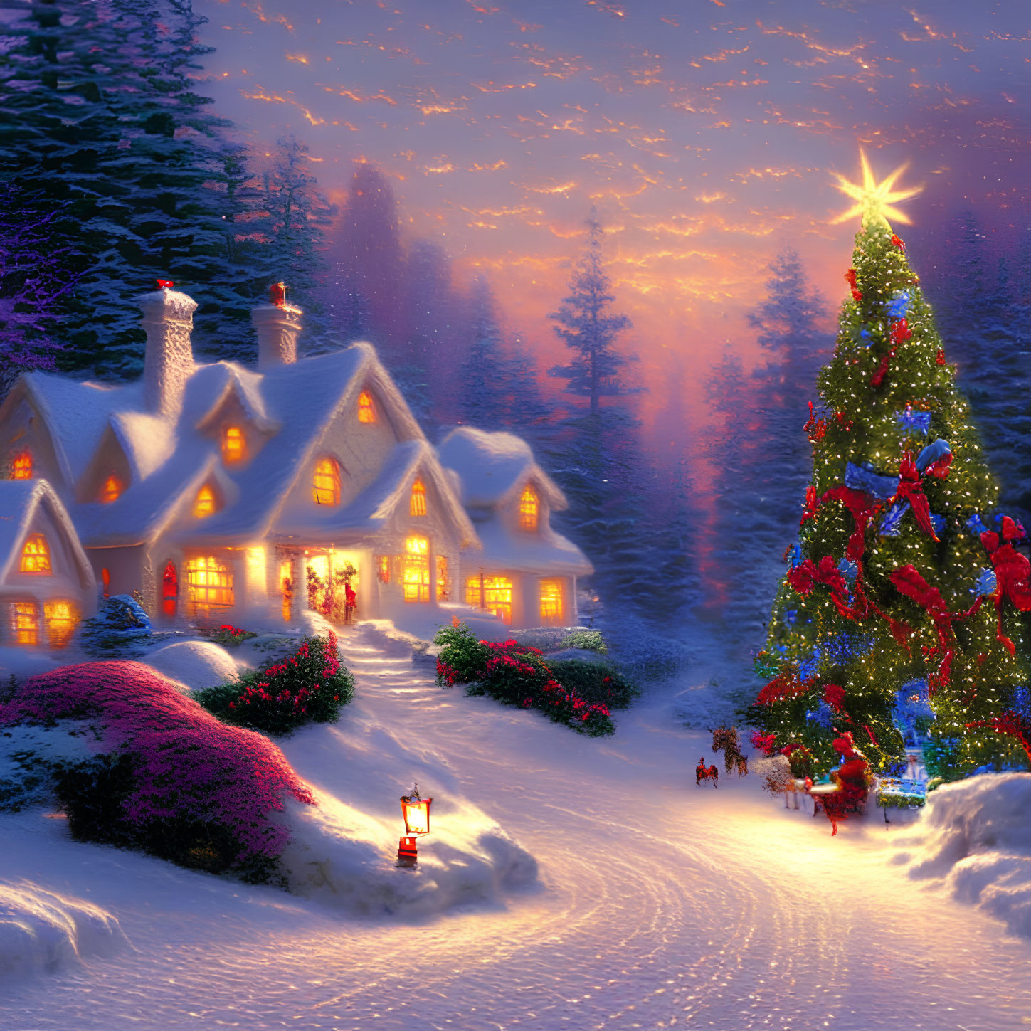 Snow-covered Christmas village with decorated tree and star-topped tree at dusk