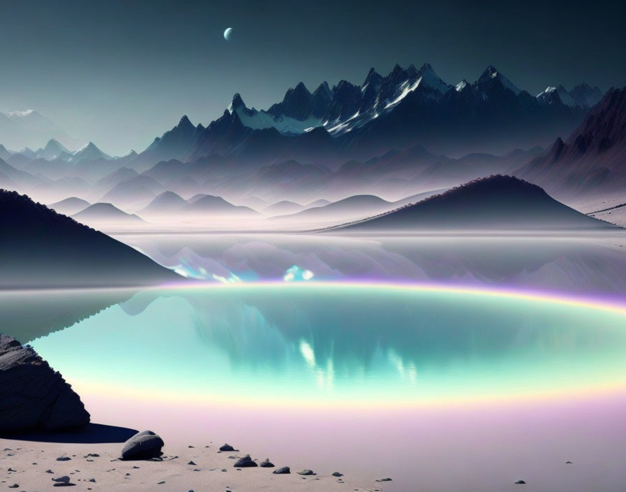 Surreal landscape: luminescent lake, fog, mountains, twilight sky.