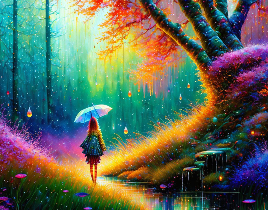 Colorful Forest Scene: Person with Umbrella, Vibrant Colors, Glowing Elements