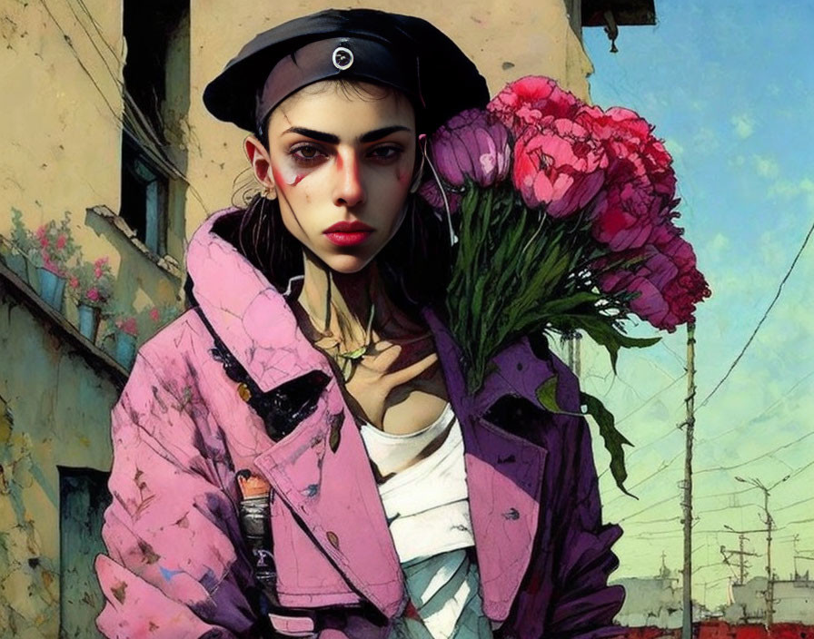 Stylized illustration of woman in black beret with pink jacket and bouquet in urban setting