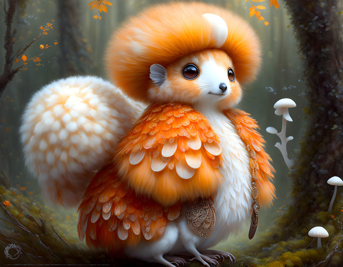 Mythical creature with oversized fluffy tail in mystic forest