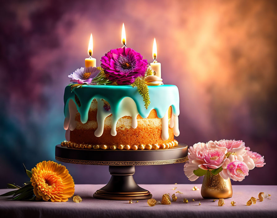 Decorated cake with blue icing and candles on colorful backdrop