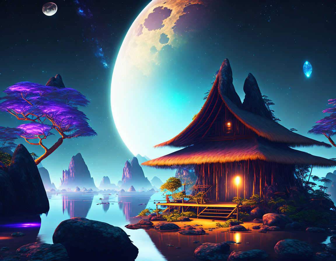 Fantasy night landscape with moonlit traditional house by water