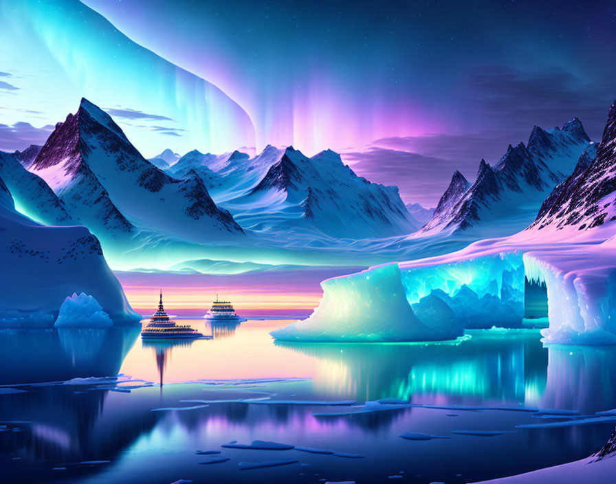 Spectacular aurora over icy landscape with icebergs and mountains