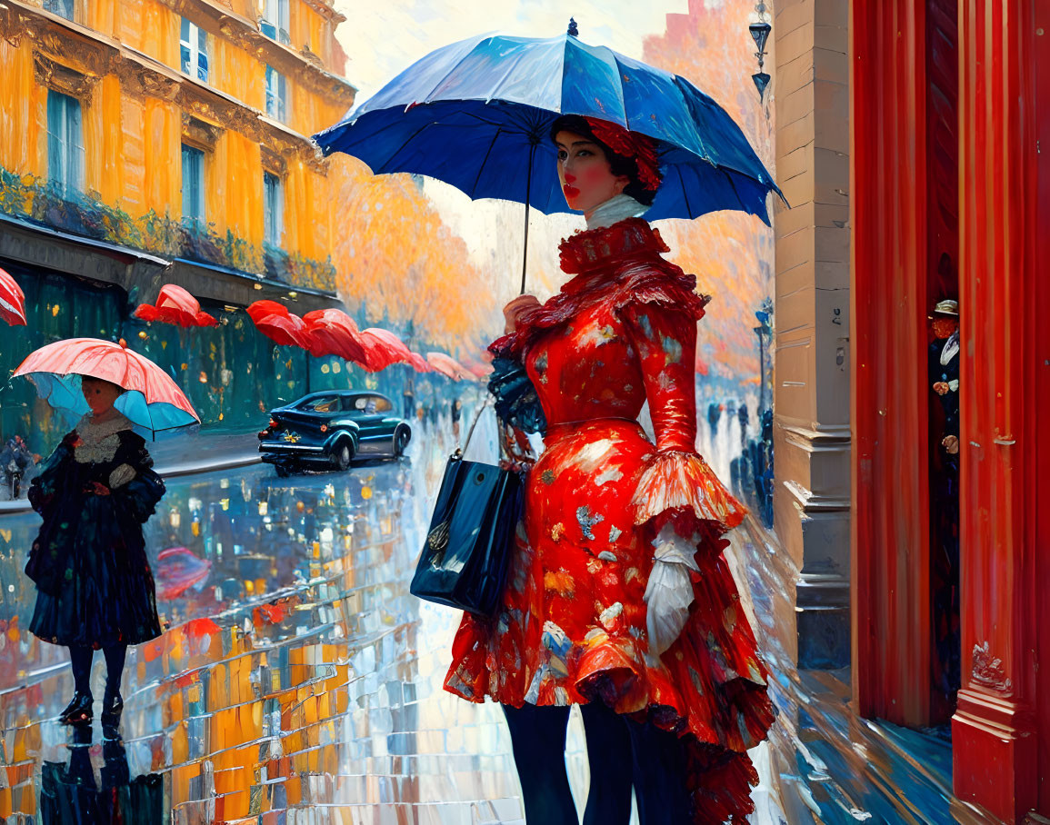 Woman in red floral dress with blue umbrella on rainy city street