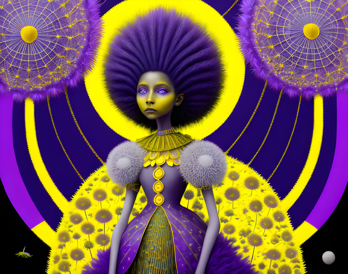 Surreal purple figure with sunflower motifs and afro on geometric backdrop