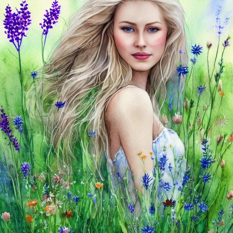 Blonde Woman Portrait Among Vibrant Wildflowers