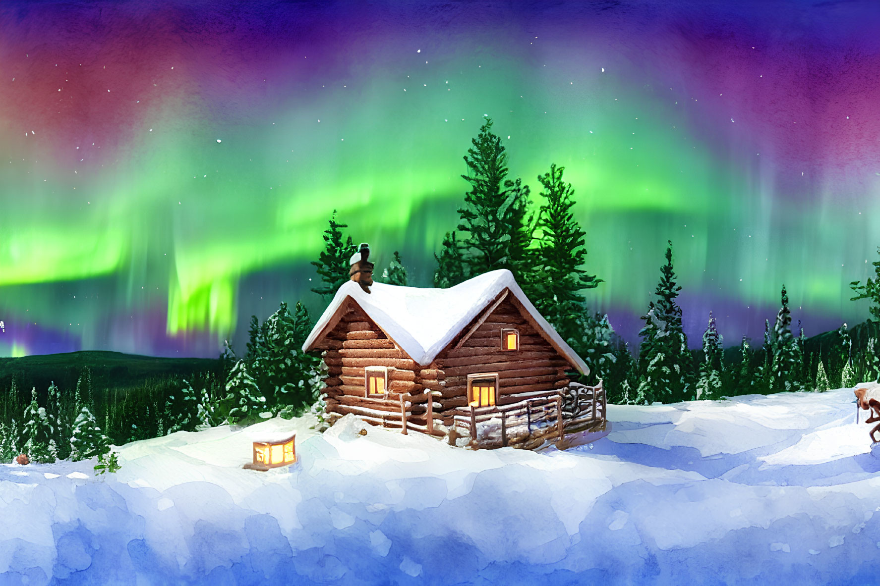 Snowy Landscape: Cozy Log Cabin and Northern Lights Display