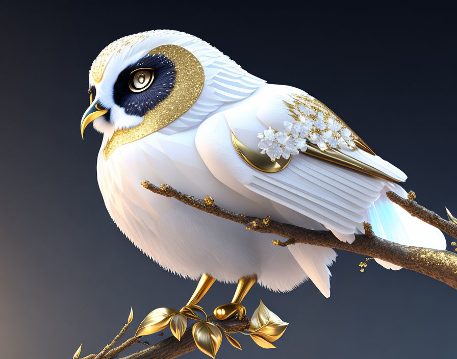 Stylized owl digital illustration with white feathers and golden floral embellishments