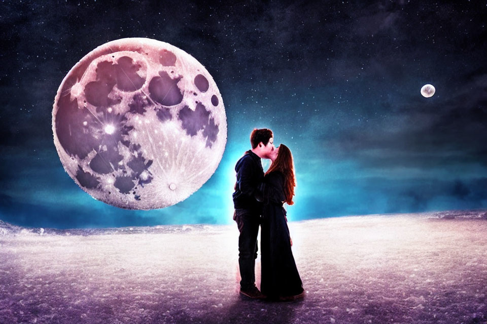 Romantic couple kissing under detailed moon in surreal night sky