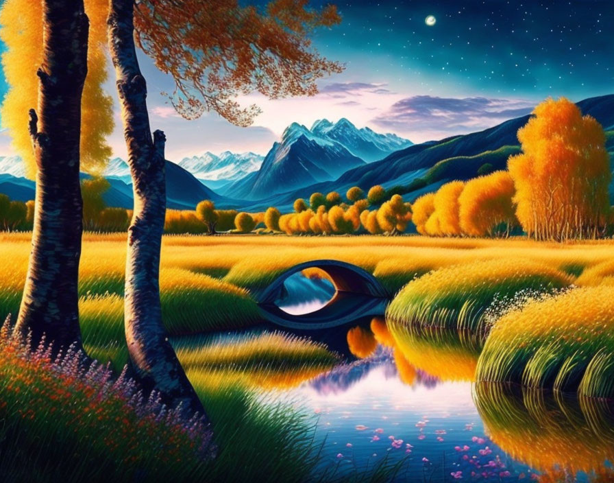 Autumnal landscape with bridge, river, golden trees, mountains, starry sky