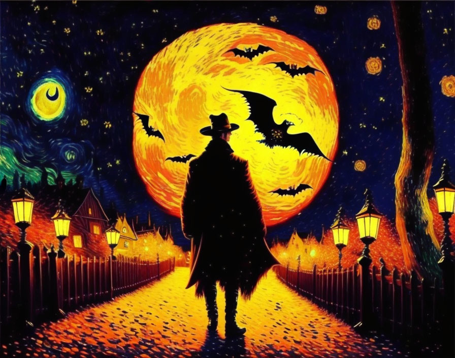 Silhouette of person with hat under stylized orange moon in Van Gogh-inspired night scene