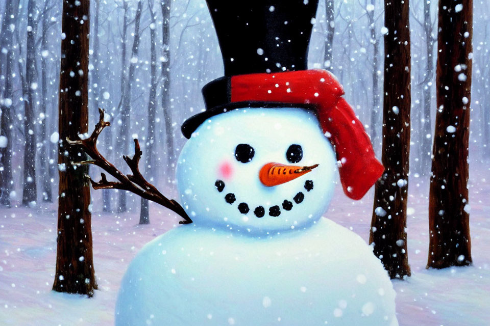 Cheerful snowman with top hat and red scarf in wintry forest