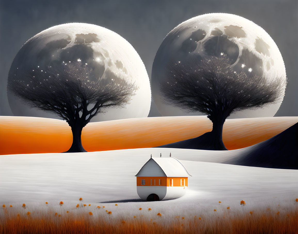 Surreal landscape with two moons, barren trees, lone house, rolling hills, twilight sky