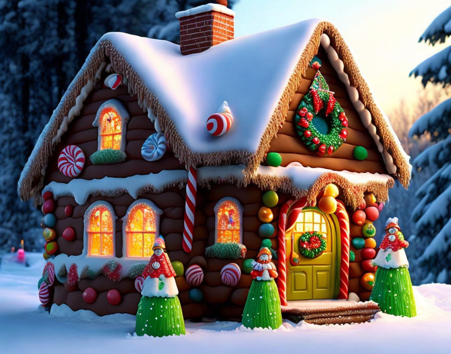 Snow-covered gingerbread house with candy decorations and snowmen