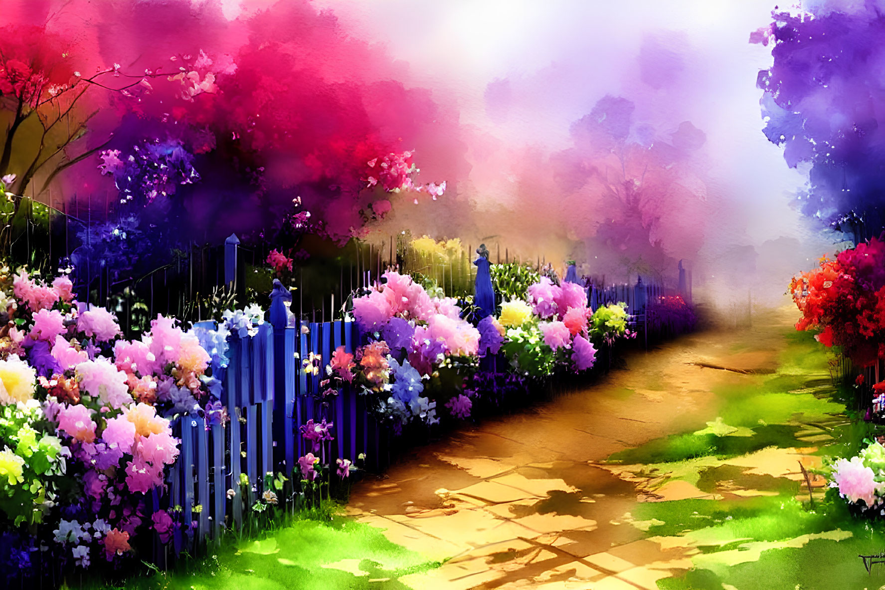 Colorful Garden Path with Blooming Flowers and Blue Picket Fence