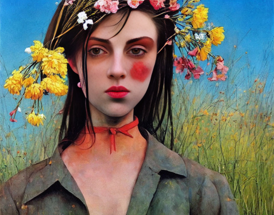 Woman with Dark Hair in Flower Crown and Red Choker Against Blue Sky and Tall Grass