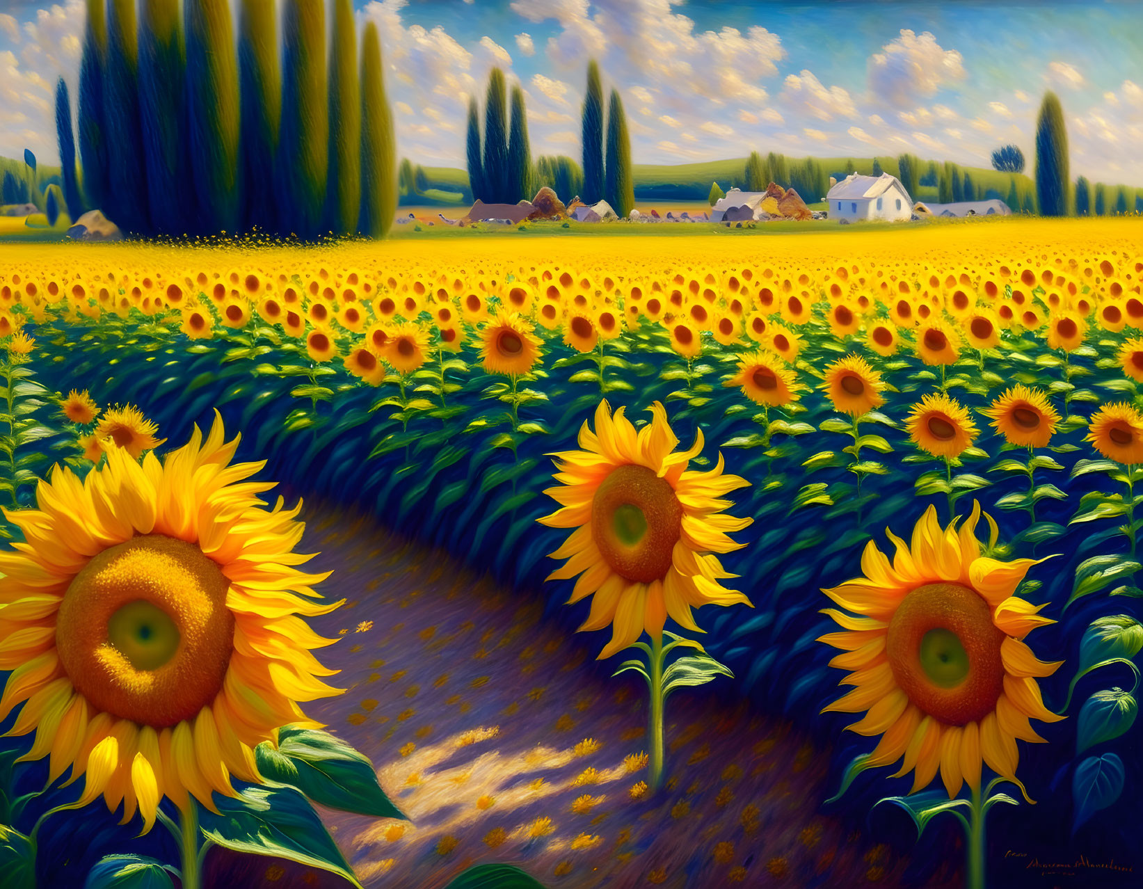 Sunflower Field Painting with Trees, Sky, and Farmhouses