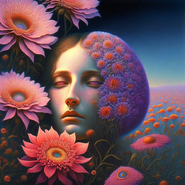 Surreal portrait of serene woman with floral motif