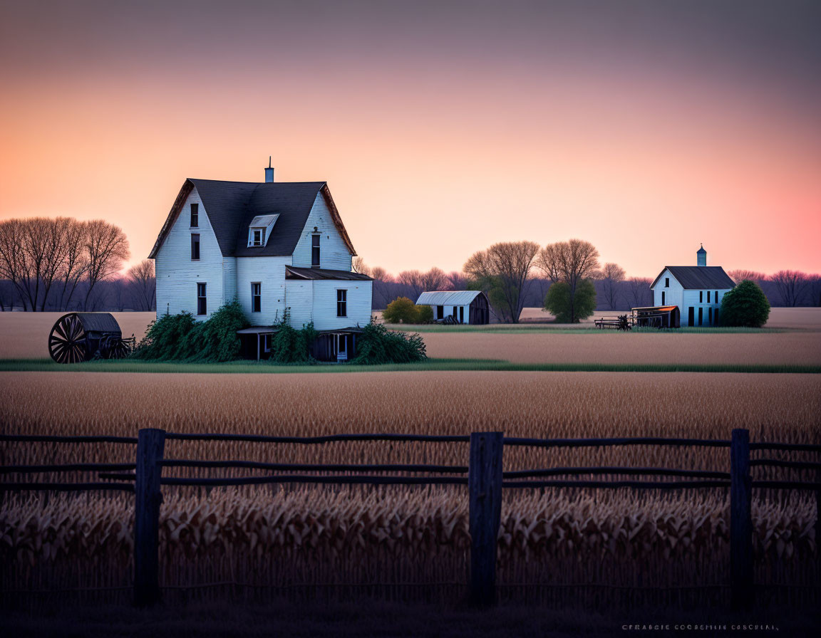 Rural dusk landscape with farmhouse, crops, and fence