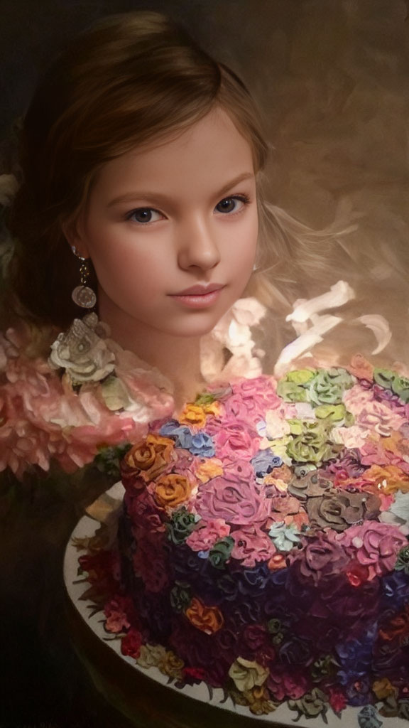 Young girl with blonde hair in floral dress and pearl earring on dreamy background