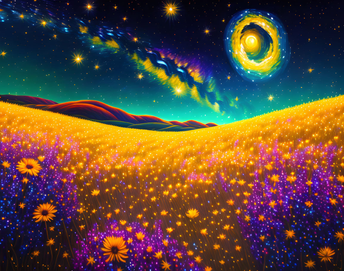 Star-filled Galaxy Swirl over Vibrant Floral Fields