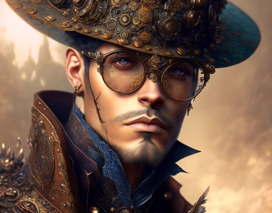 Steampunk-inspired man portrait with gear-adorned hat and glasses.