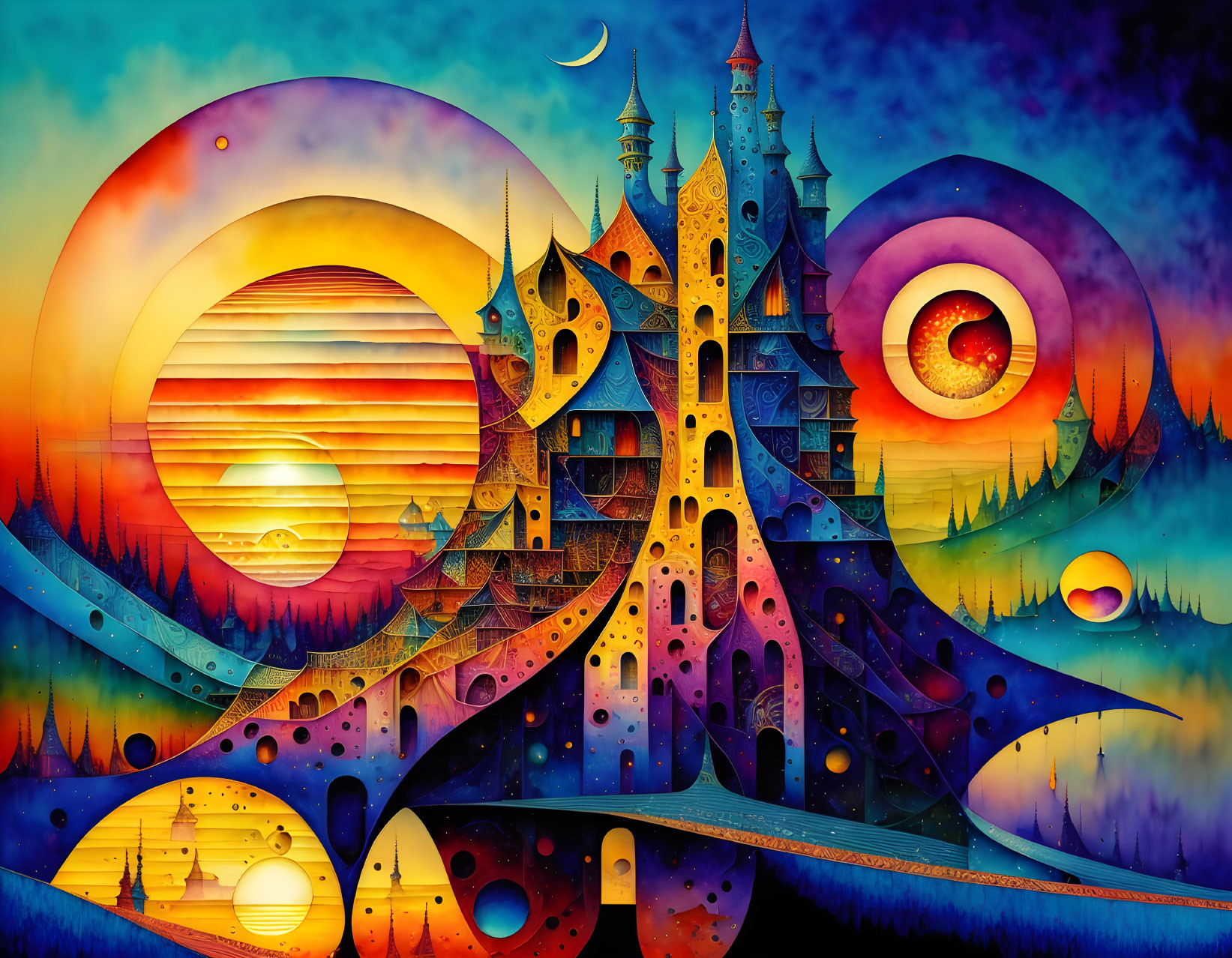 Psychedelic artwork: surreal landscape with castle, swirling patterns, eyes, celestial bodies