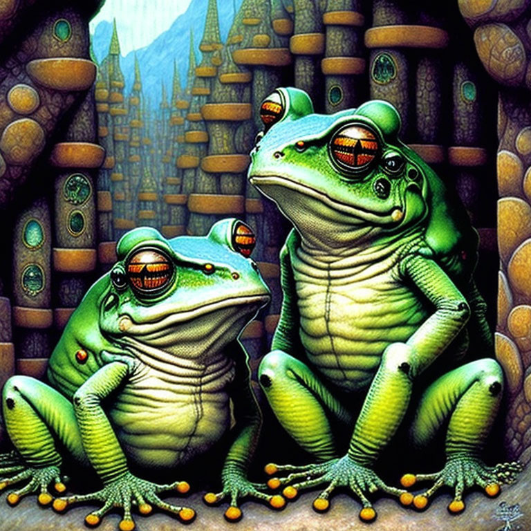 Stylized anthropomorphic frogs with surreal skyscrapers backdrop