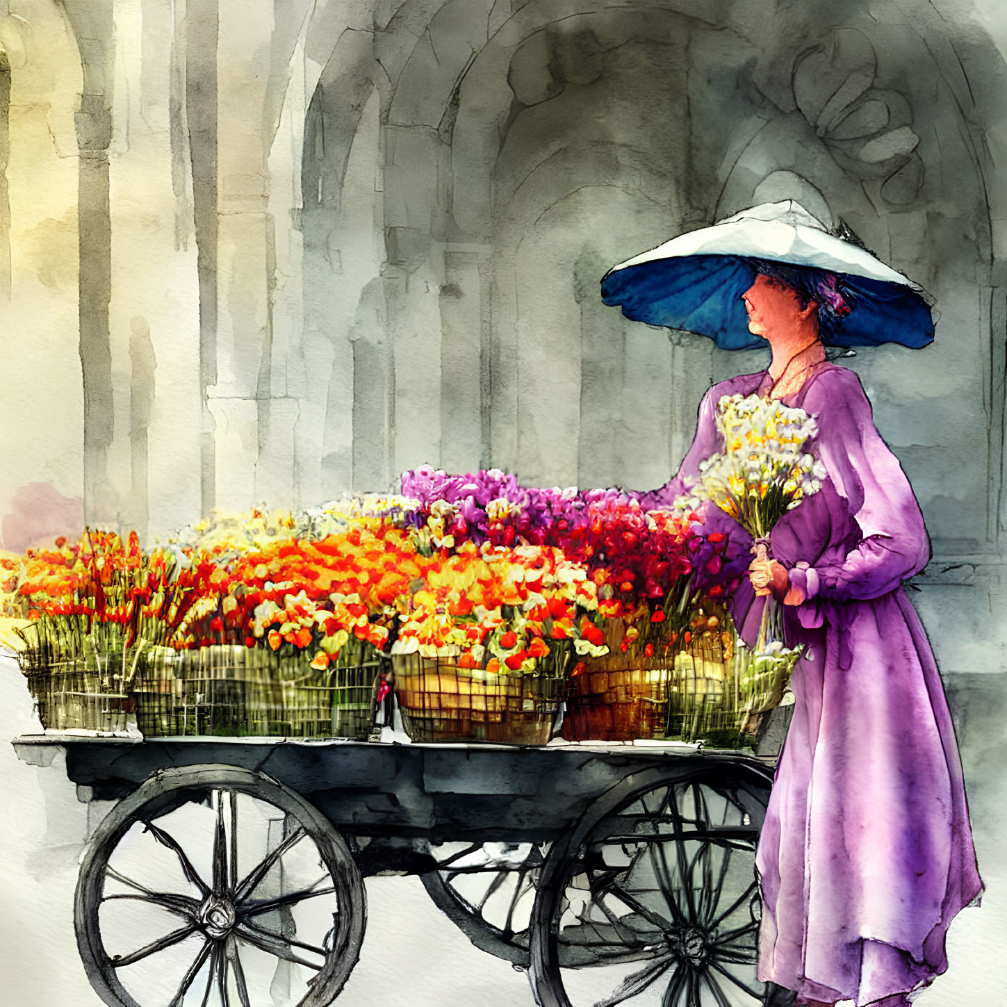 Vibrant watercolor painting of woman in purple dress with flowers and cart