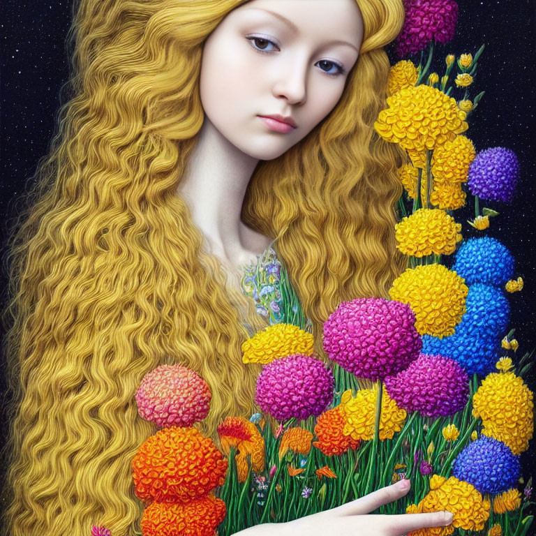 Portrait of Woman with Long, Wavy Golden Hair and Colorful Flowers on Starry Background