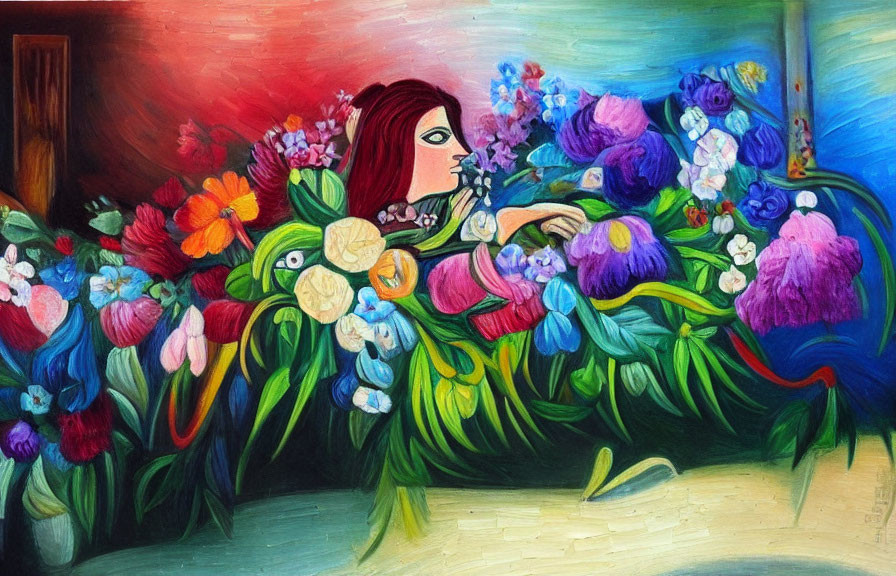 Colorful Woman Portrait Partially Hidden by Flowers in Vibrant Painting