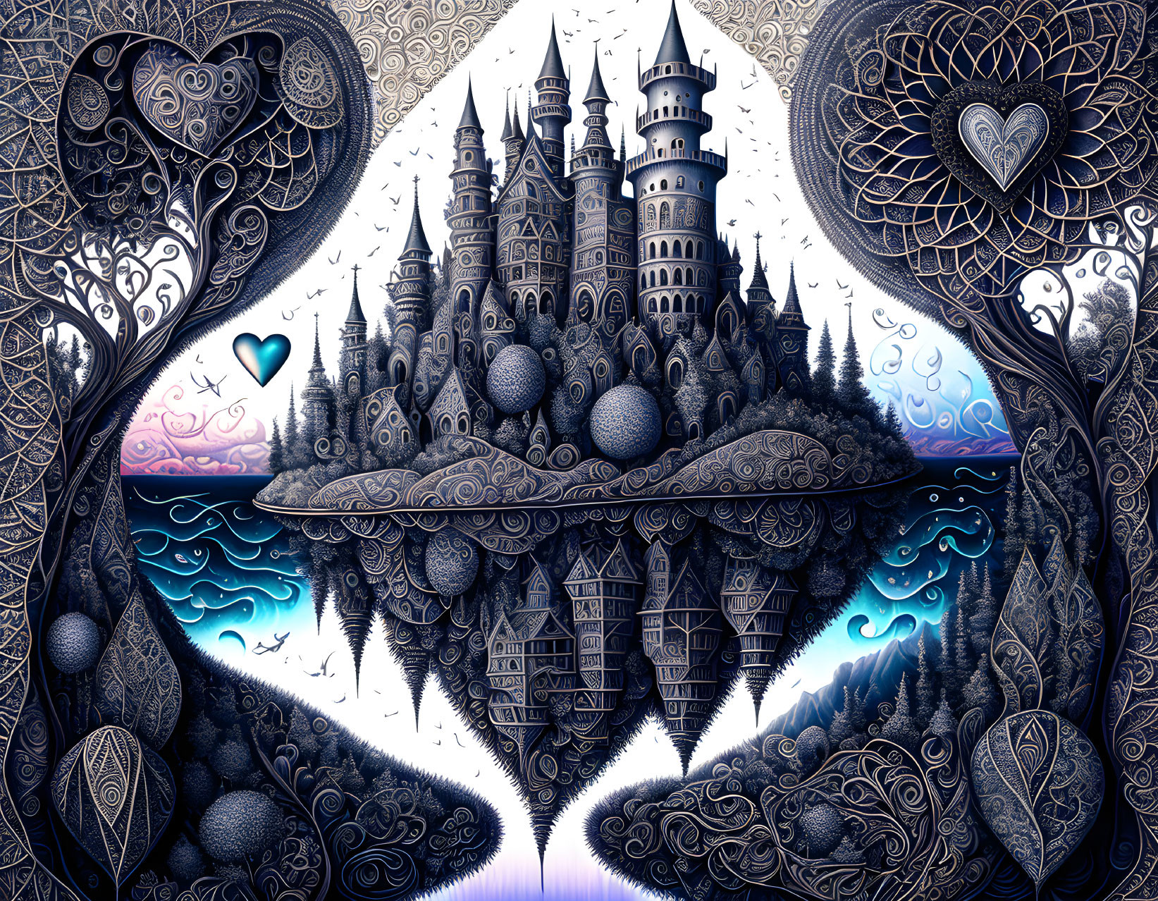 Intricate castle illustration in serene blue palette