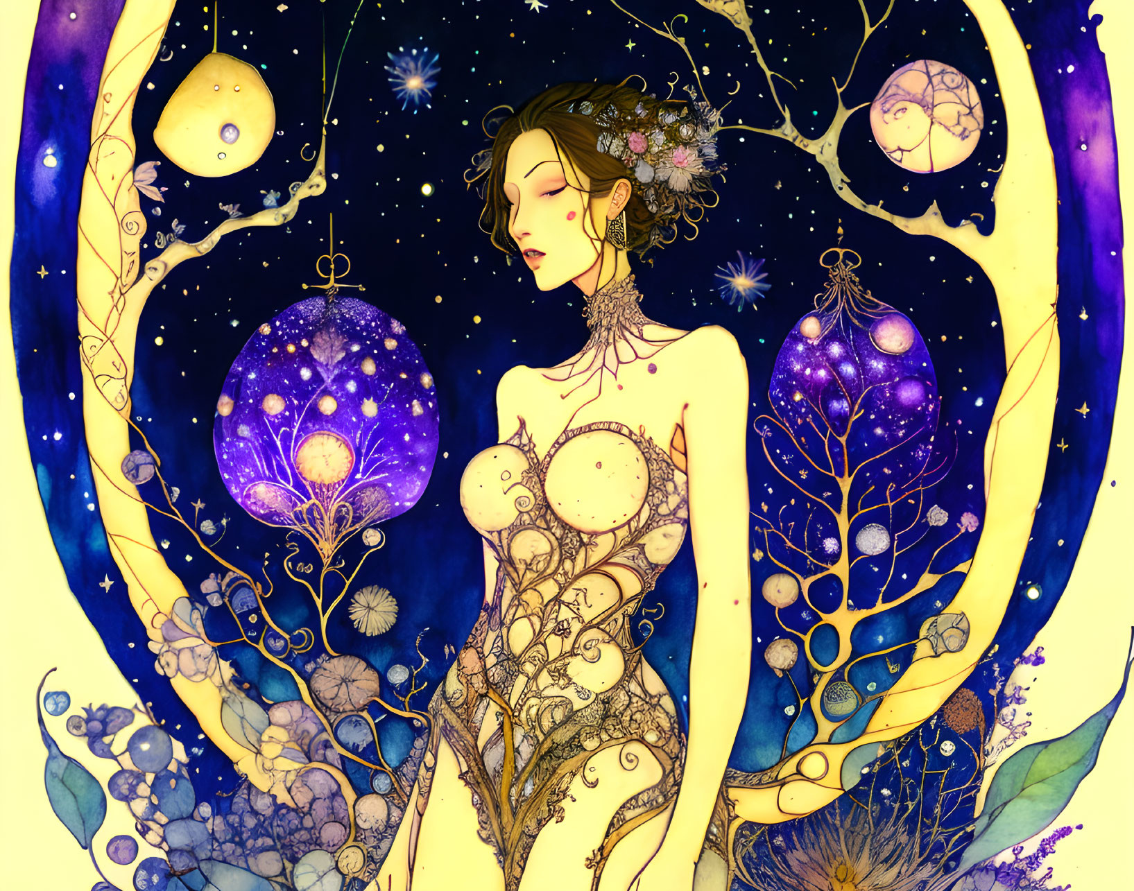 Illustrated Woman in Cosmic and Plant Motifs with Gold and Blue Colors