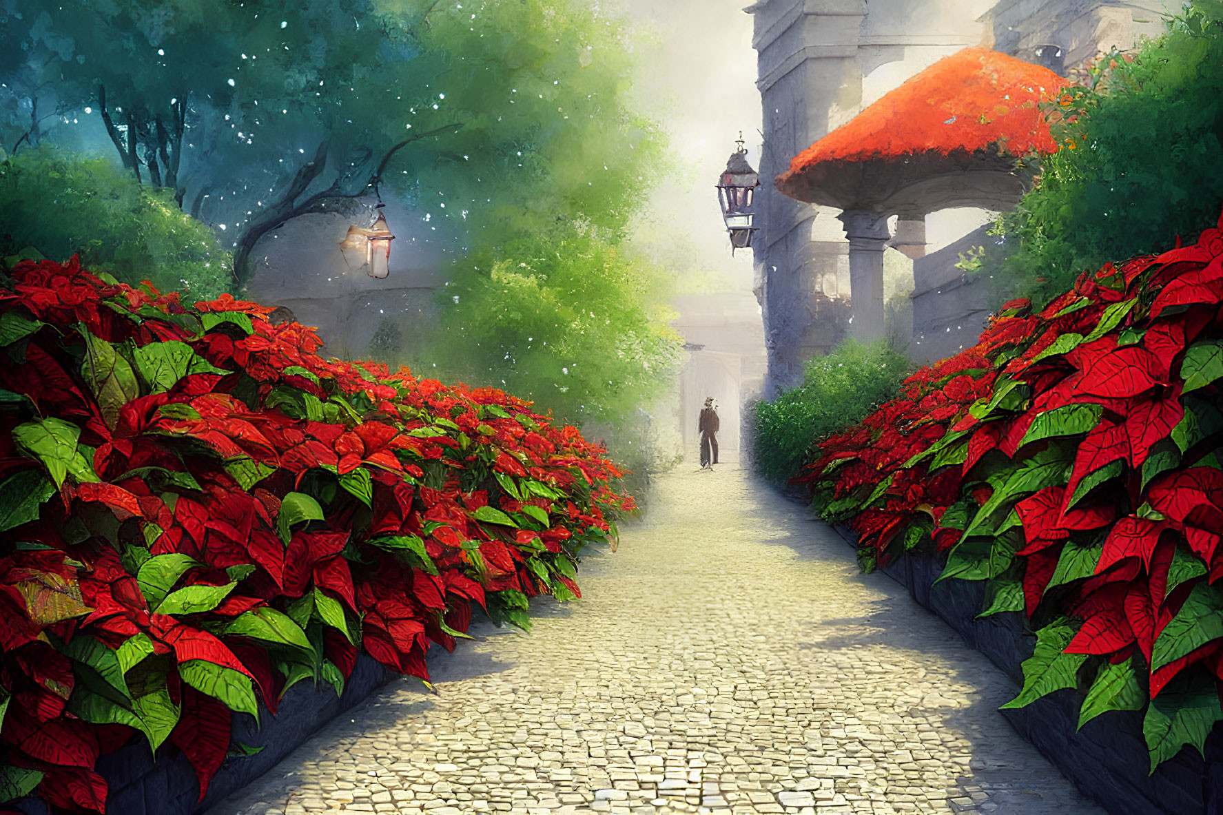 Tranquil garden pathway with red poinsettias and glowing street lamps