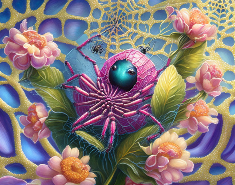 Colorful Spider Artwork with Human-like Eye in Web and Pink Flowers
