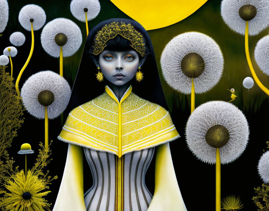 Stylized portrait of a woman with wide blue eyes and ornate yellow clothing, dandelions