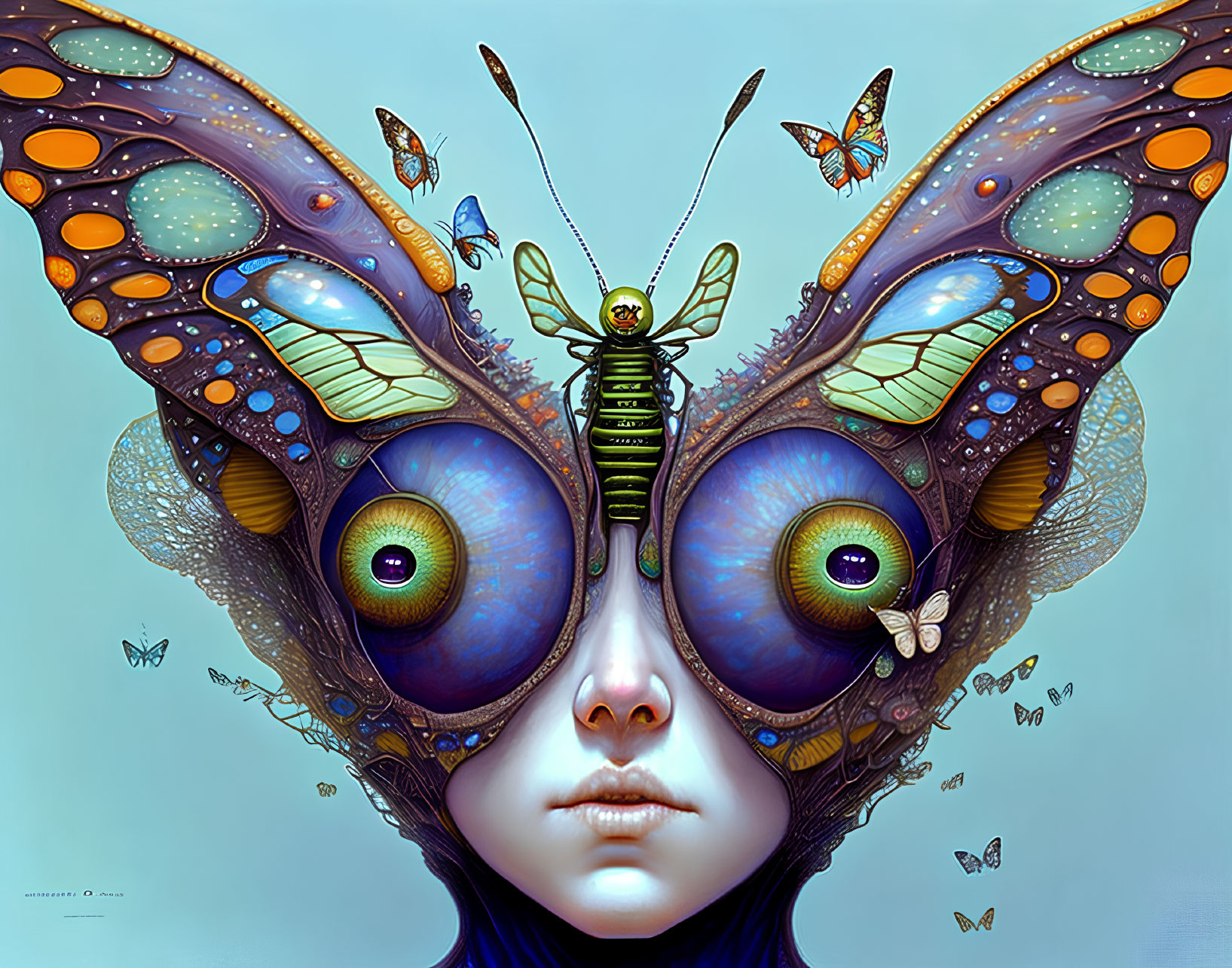 Surreal portrait with butterfly eyes and caterpillar body