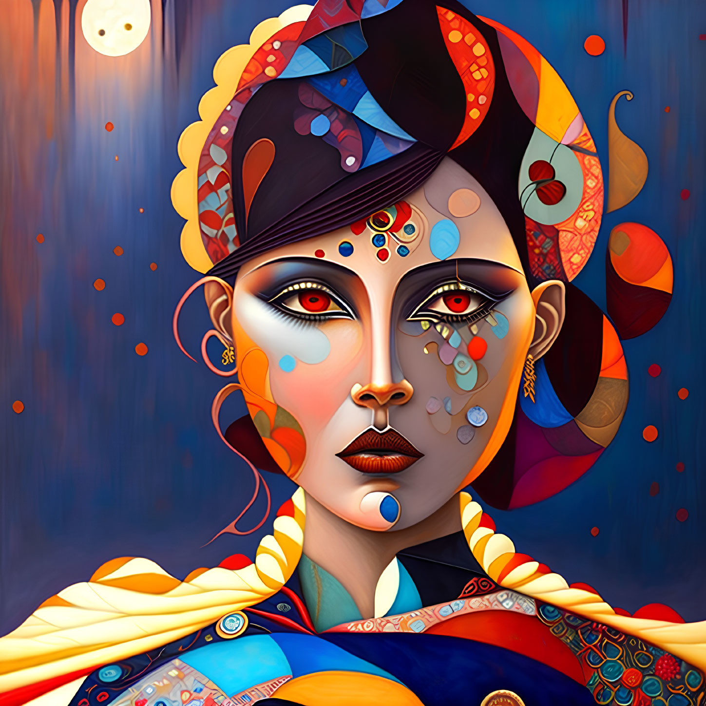 Vibrant stylized portrait of a woman with colorful makeup on blue background
