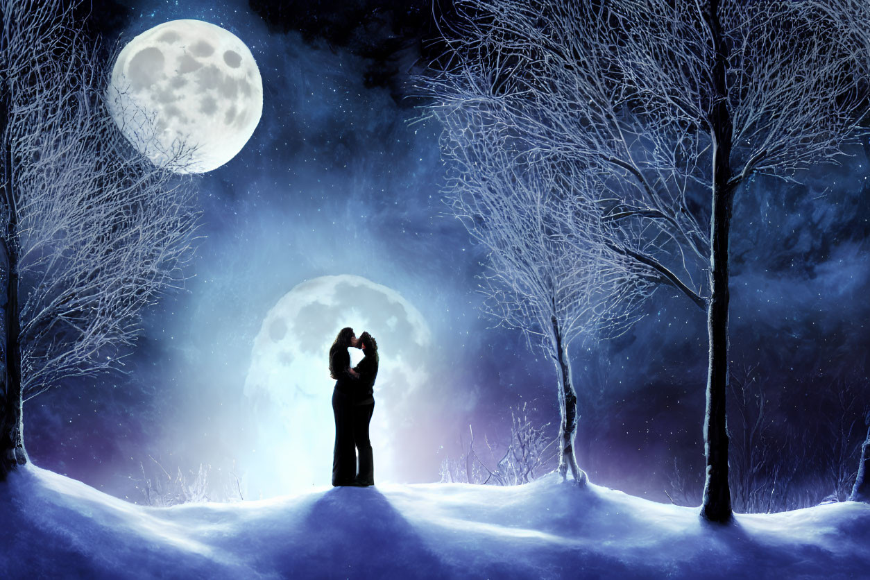 Person capturing full moon in snowy night landscape.