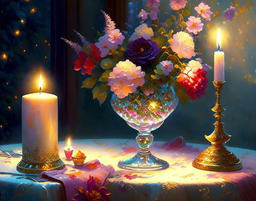 Golden stand with lit candle and colorful flowers on window backdrop