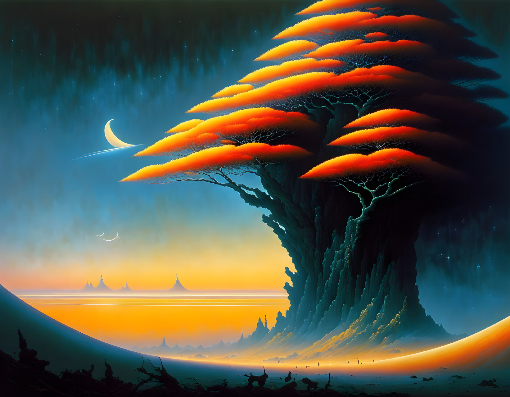 Surreal painting of giant tree with orange canopies under twilight sky