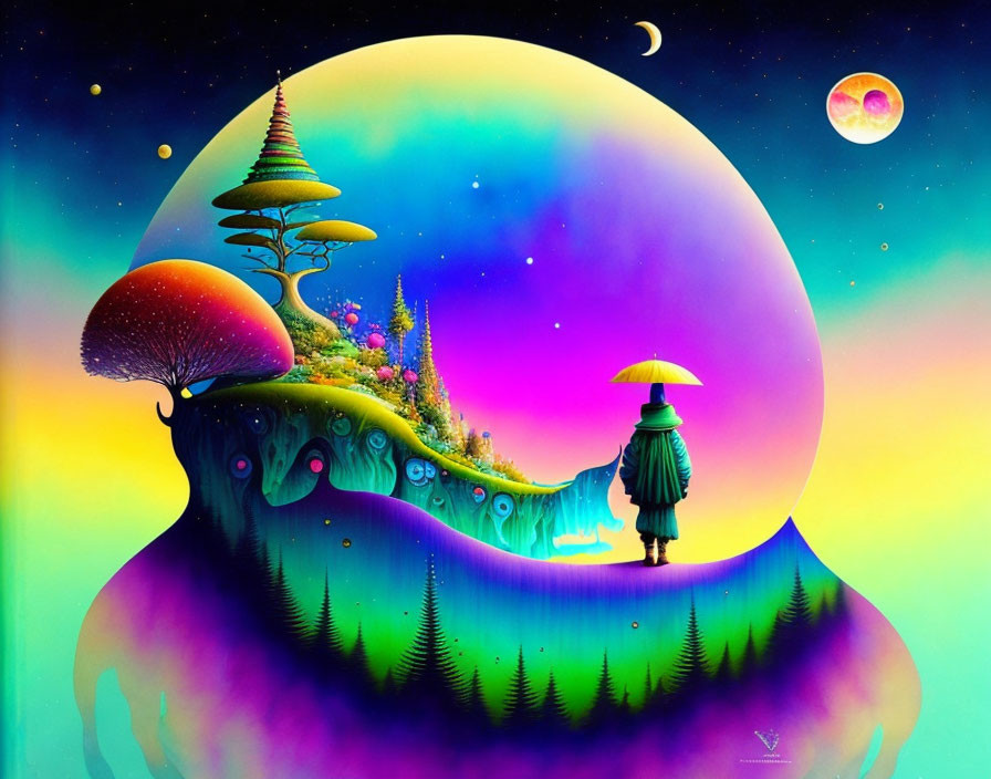 Colorful surreal landscape with figure under umbrella, whimsical trees, mushrooms, celestial bodies.